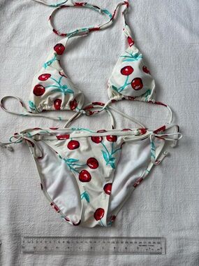 White Cherry Print String Bikini